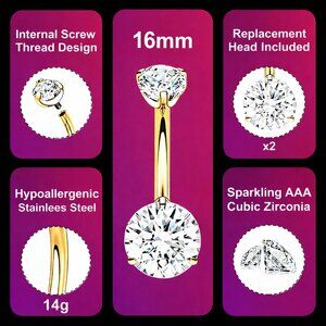 16mm Gold-tone Stainless Belly Button Ring Internal Thread CZ w/ Extra Head 14g